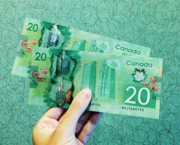 person holding two 20 Canadian dollar banknotes